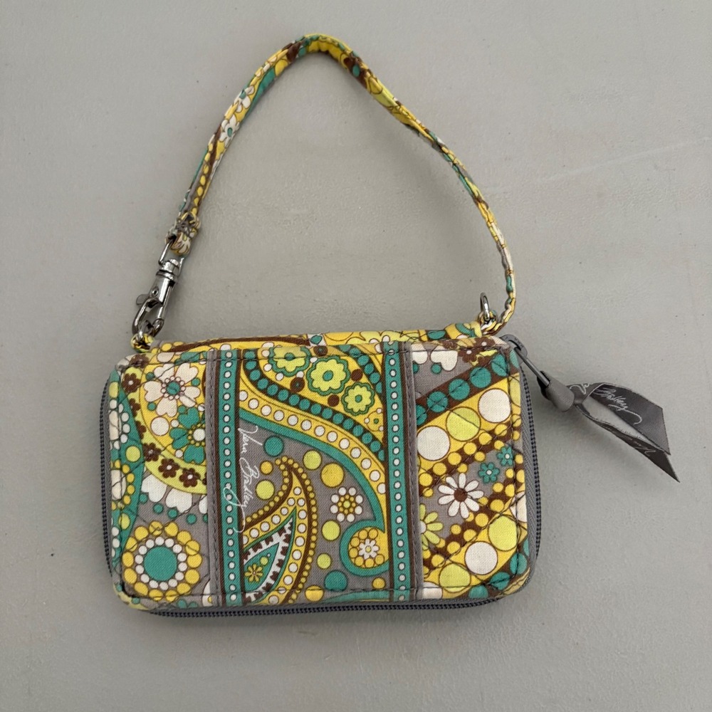 Vera Bradley‎ All In One Crossbody Wristlet Wallet Yellow Teal Paisley Floral - Picture 6 of 12